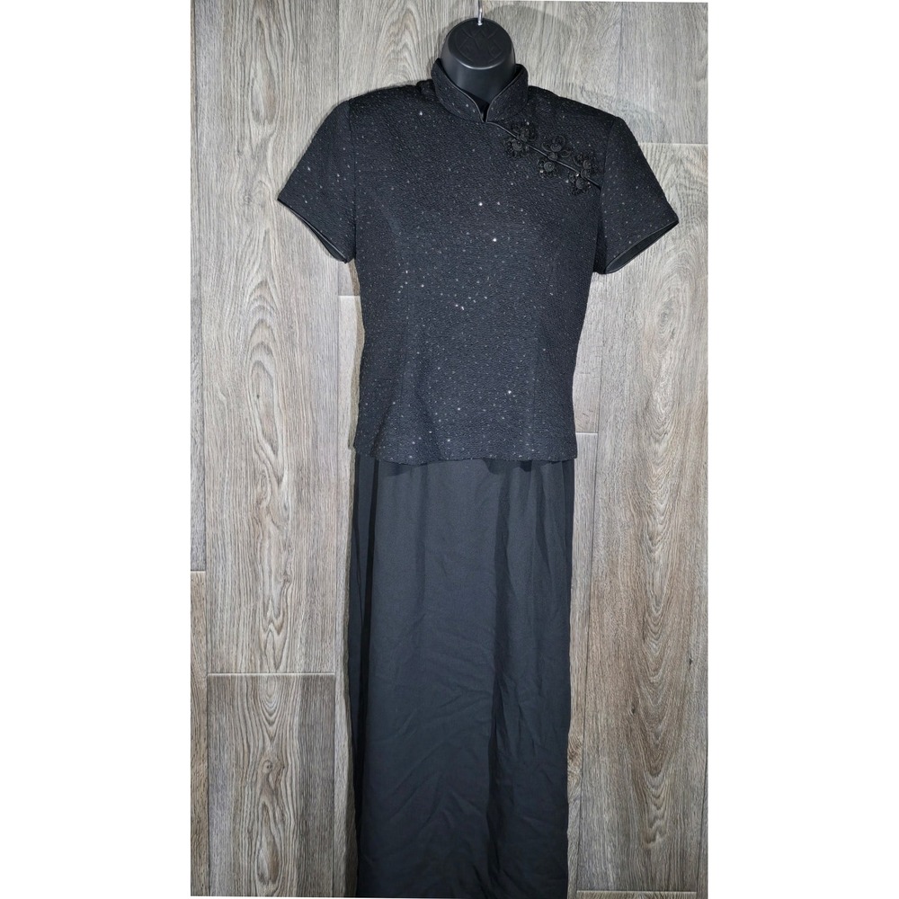 90s Jessica Howard Black‎ Sequined Maxi Dress Mandarin Collar Formal Size 6 Vntg